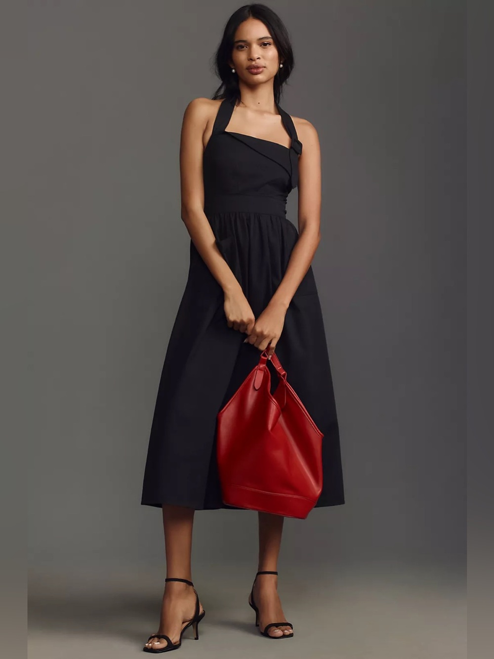 Porridge by Anthropologie Halter Utility Midi Dress Patch Pockets Black S